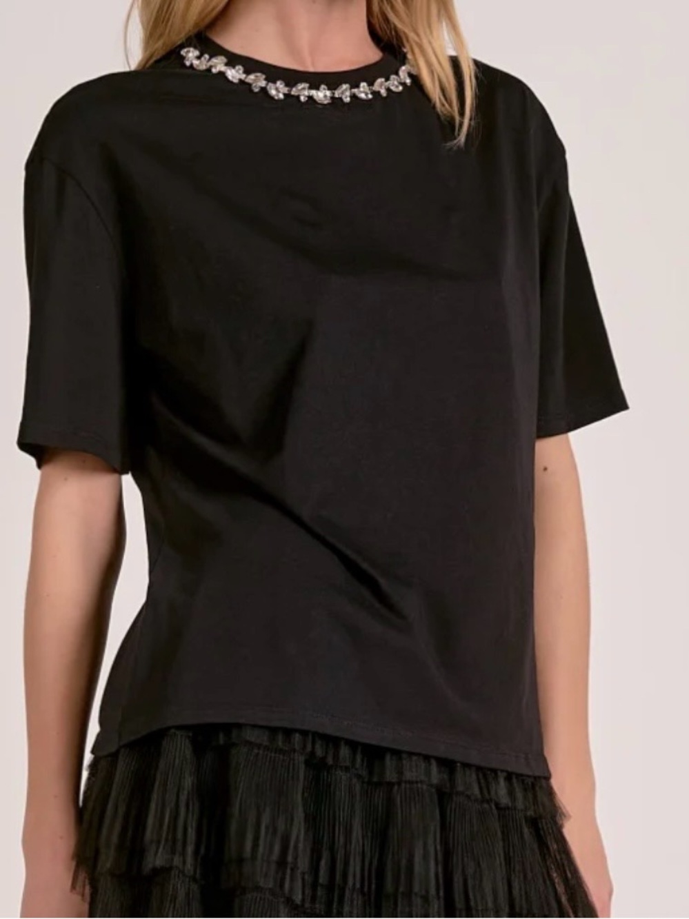 Elan Black Crystal Rhinestone Embellished Neckline Short Sleeve Top XS